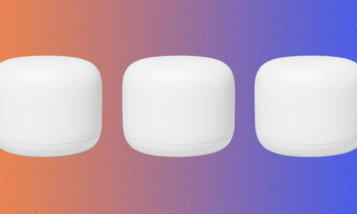 Three Google Nest Wifi Routers against an orange and blue background.