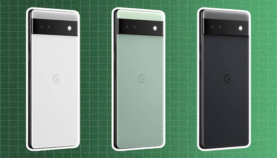 The chalk, sage and charcoal Google Pixel 6a phones.