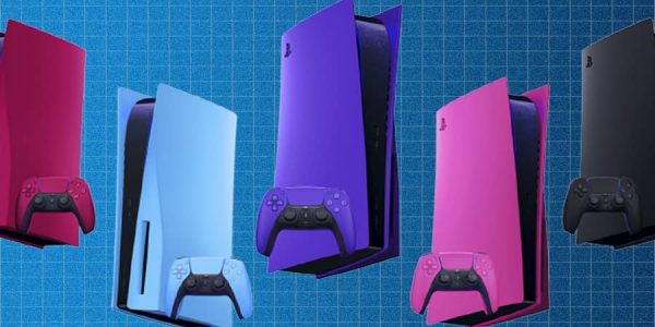 A row of PS5 consoles in Cosmic Red, Starlight Blue, Galactic Purple, Nova Pink and Midnight Black.