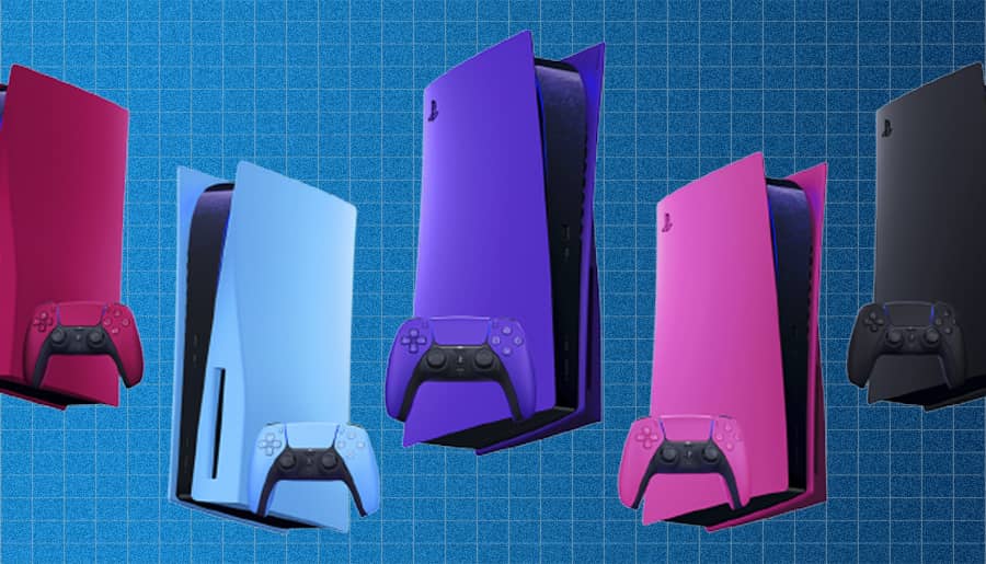 A row of PS5 consoles in Cosmic Red, Starlight Blue, Galactic Purple, Nova Pink and Midnight Black.
