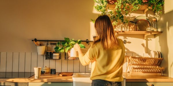 woman watering plants in kitchen
