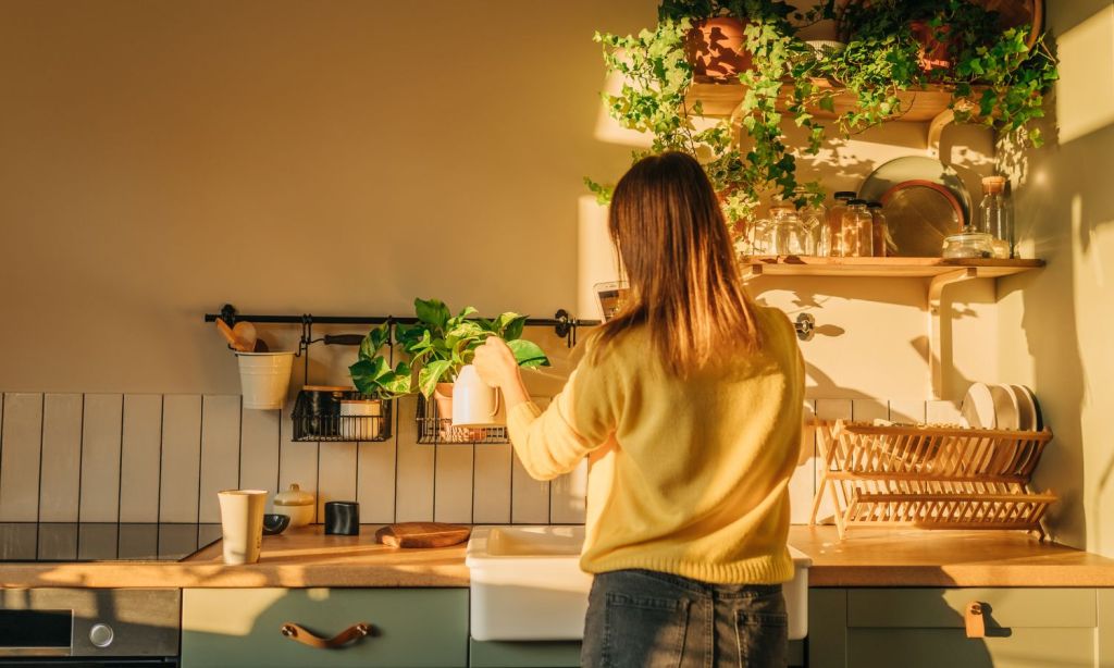 woman watering plants in kitchen