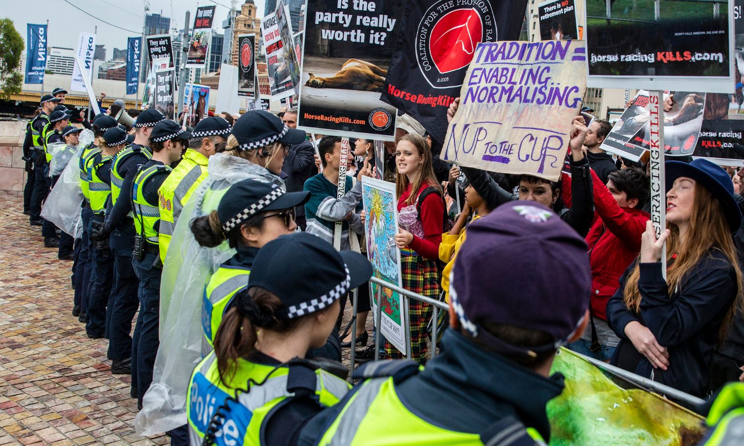 An image of protestors at the melbourne cup in 2019.