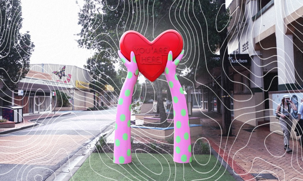 The iconic hands holding a heart statue in Lismore town centre.