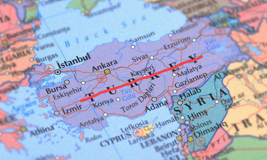 a map of turkey showing a red line through the name of the country