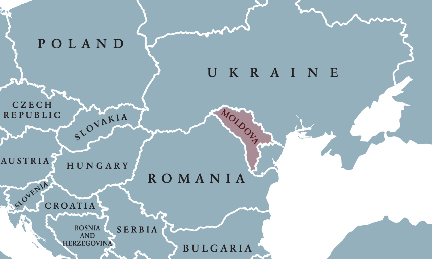 A map of Eastern Europe showing the country of Moldova in red.