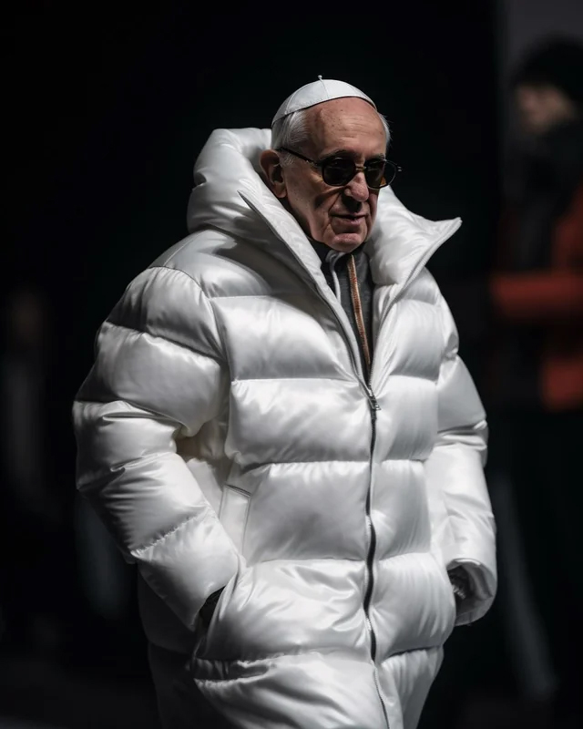 An AI generated image of Pope Francis wearing a puffer jacket.
