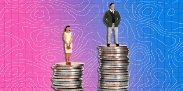 A figure of a man and a woman stand on piles of coins with the man's being a lot higher to symbolise the gender pay gap.