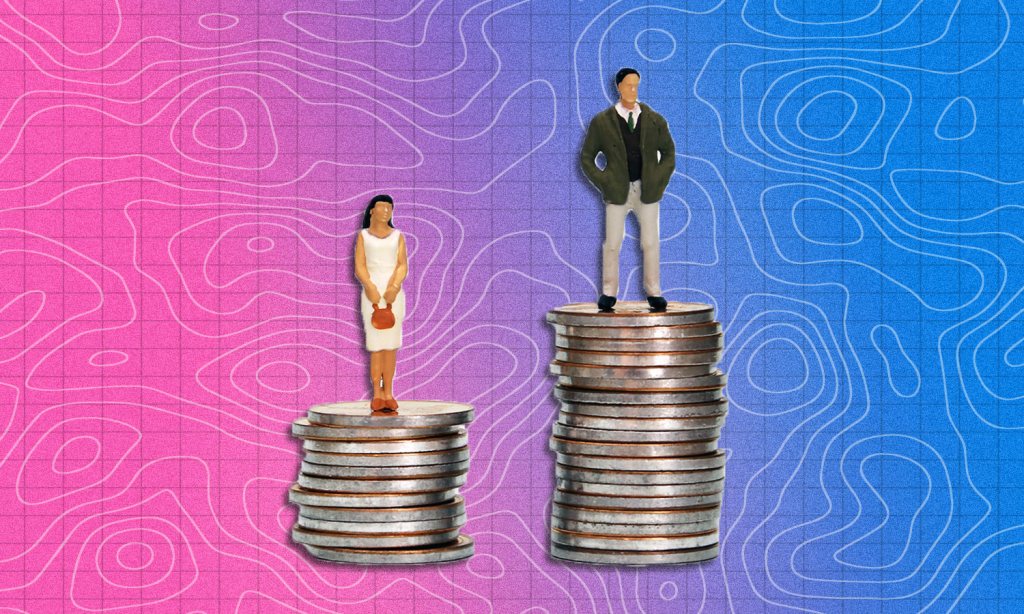 A figure of a man and a woman stand on piles of coins with the man's being a lot higher to symbolise the gender pay gap.