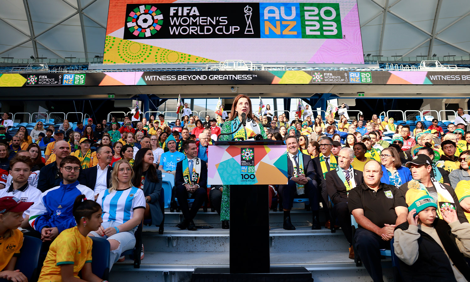 Minister for Sport Anika Wells speaks during the FIFA Women's World Cup 100 Days To Go launch event at Sydney Football Stadium