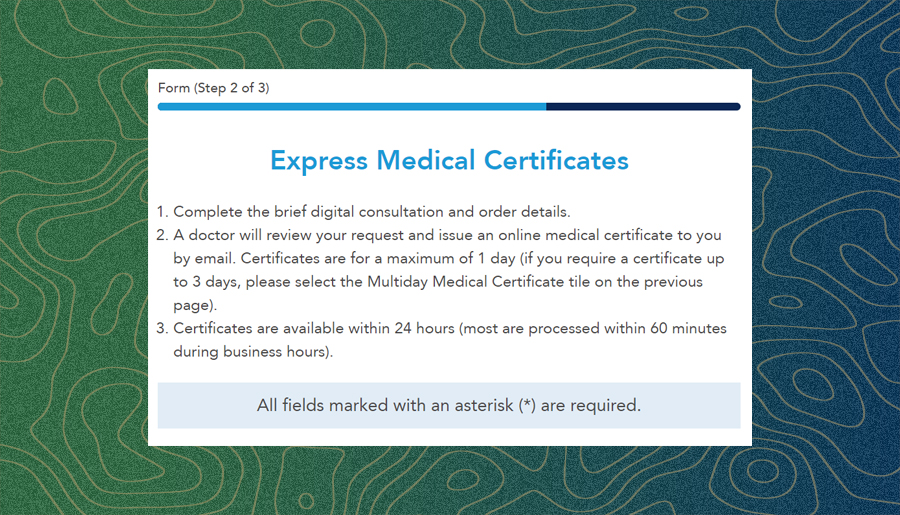 A screenshot of Medmate’s medical certificate process.