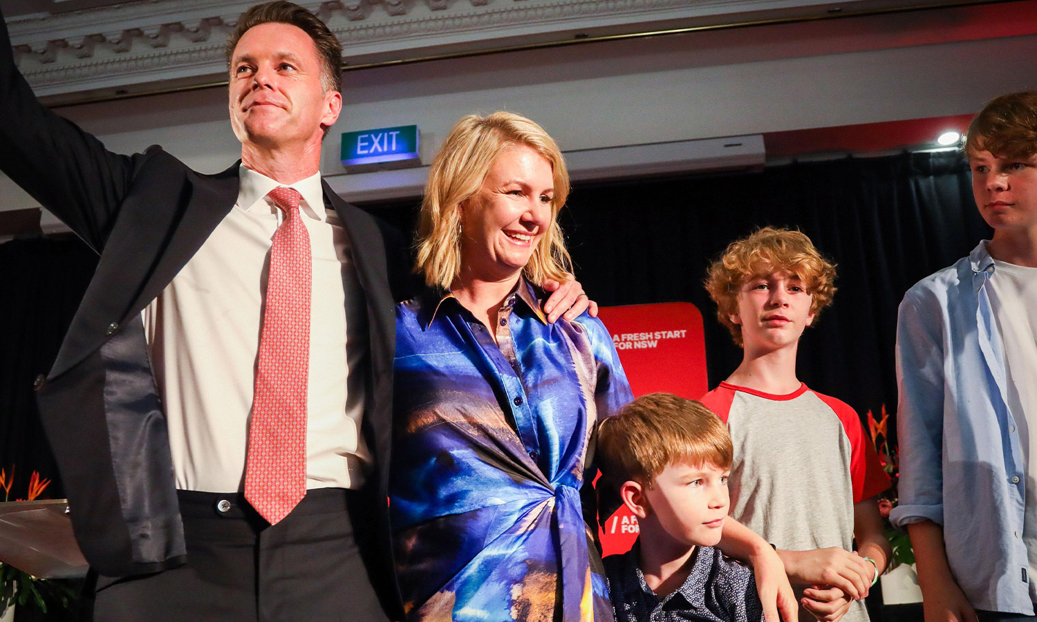 Chris Minns celebrating his win with his family following the NSW election results.
