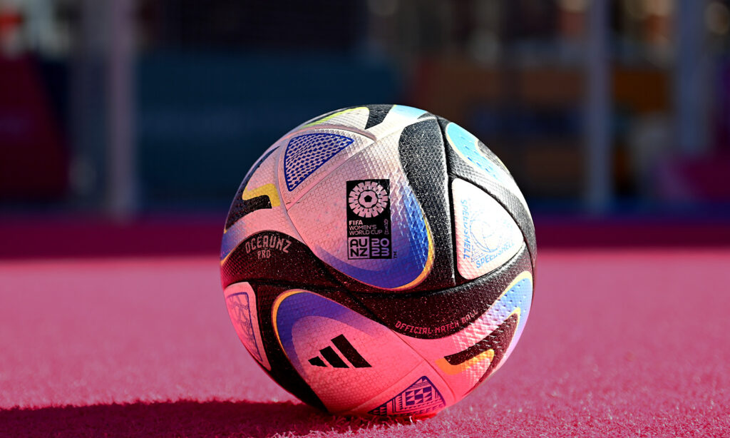 An image of an official match ball on the unity pitch in Brisbane to illustrate the 2023 fifa womens world cup.