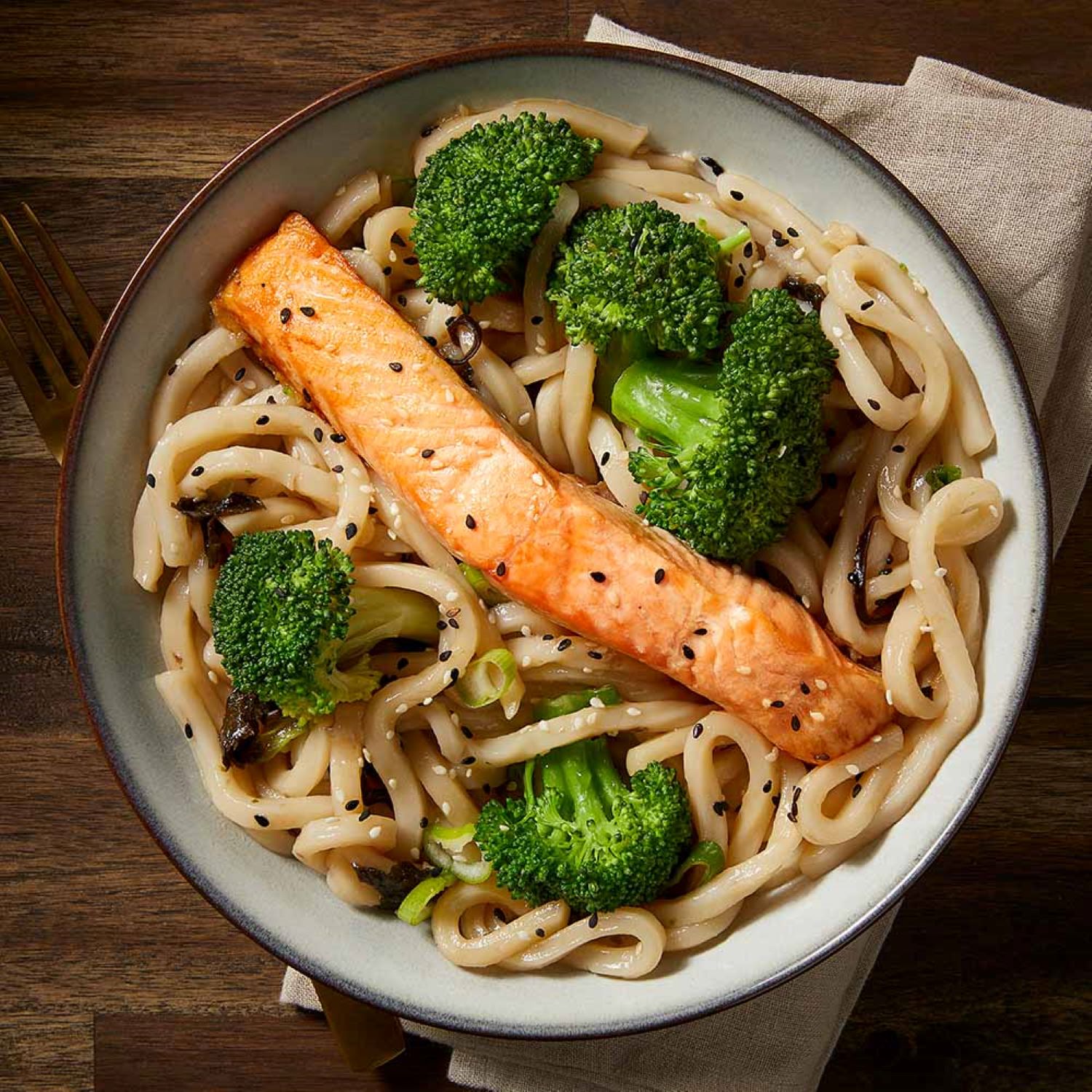 macros salmon broccoli udon meal dish
