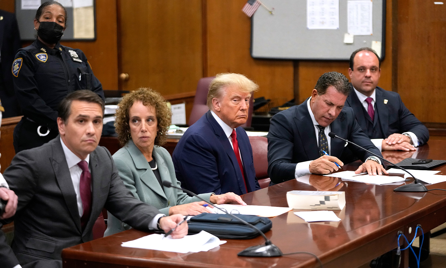 Donald Trump in a Manhattan courtroom where he had his charges read out to him. He has been charged with 34 counts of falsifying business records.