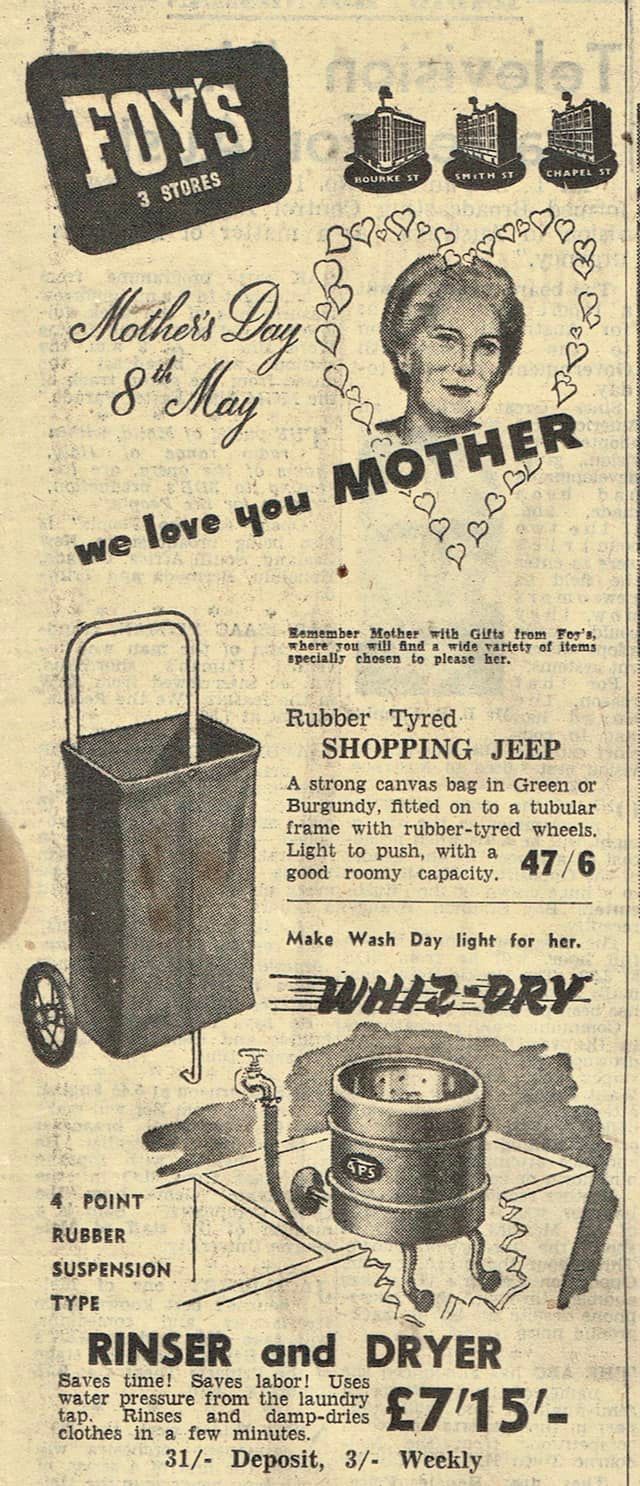 A Mother’s Day ad for a Foy’s shopping jeep.