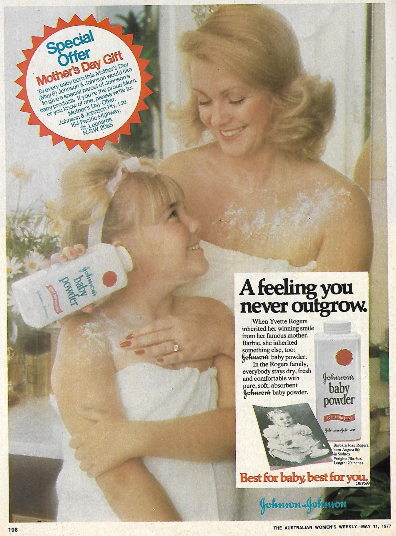 A Mother’s Day ad for Johnson & Johnson’s talcum powder.