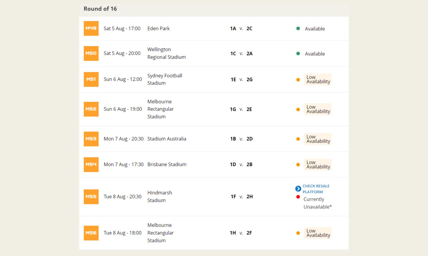 An image of the FIFA Official Ticketing site showing Round of 16 Games for the 2023 FIFA Women's World Cup