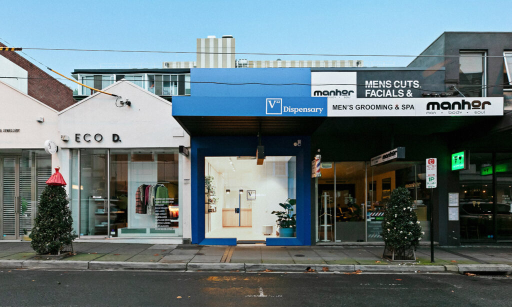 The storefront of V22 Dispensary in Melbourne offering cannabis and psychedelic therapy.