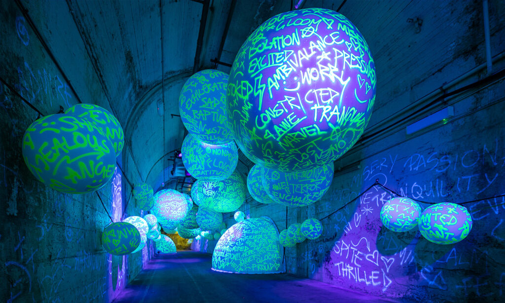 An image of the Dark Spectrum light show in the tunnels under sydney for VIVID 2023