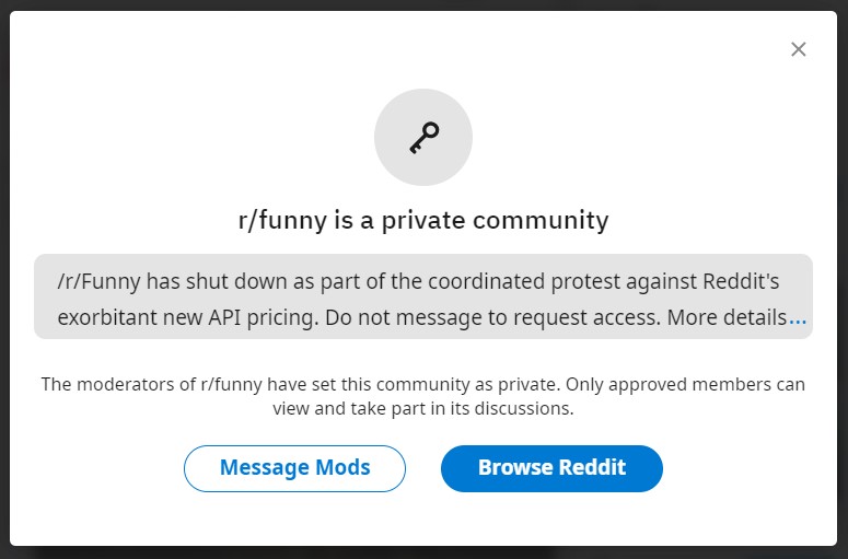 An image of r/funny, that has closed during the Reddit API protest.