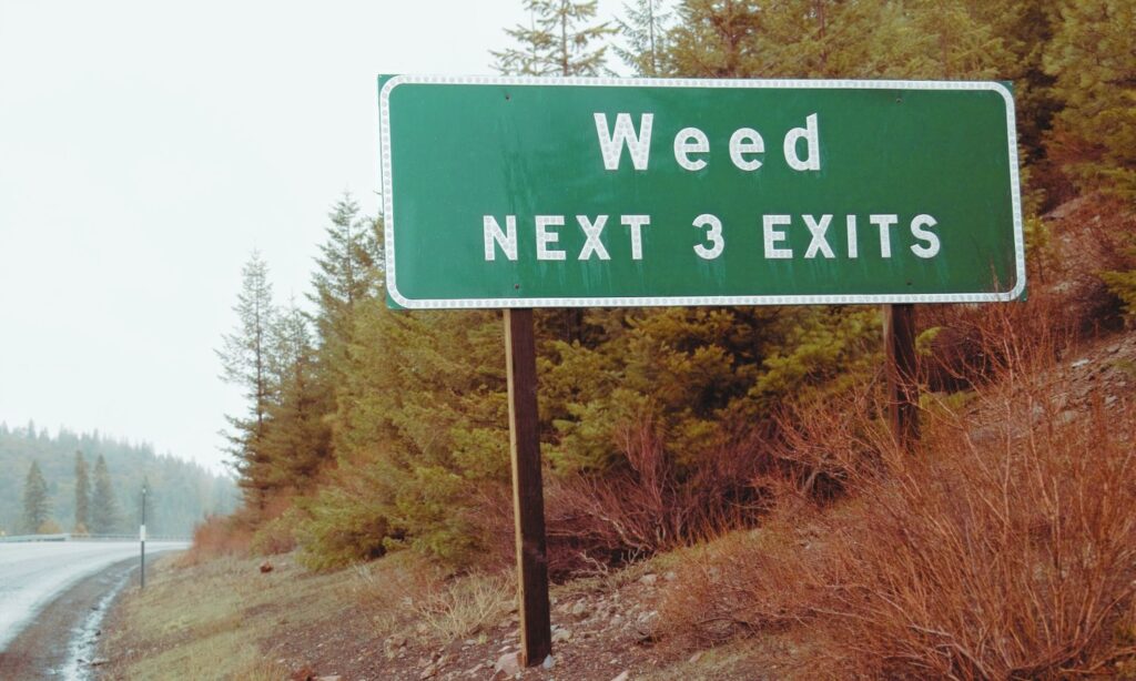 A sign showing the exit for Weed to illustrate and article about the legalise cannabis australia movement.