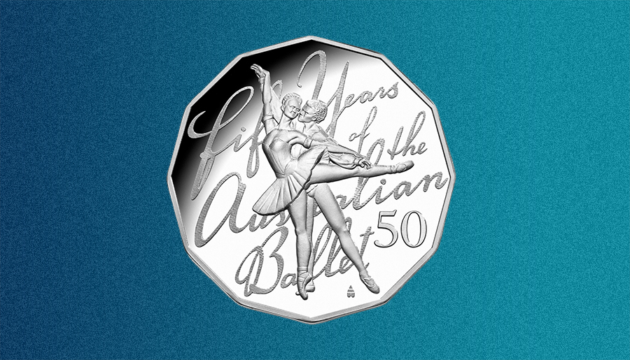 A 50 cent piece that commemorates the Australian Ballet’s 50th anniversary.