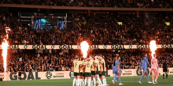 An image showing the Matildas playing in the 2023 FIFA Women's World cup.