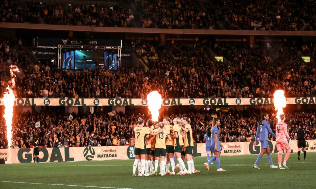 An image showing the Matildas playing in the 2023 FIFA Women's World cup.