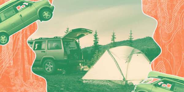 car camping rv campervan green on orange background