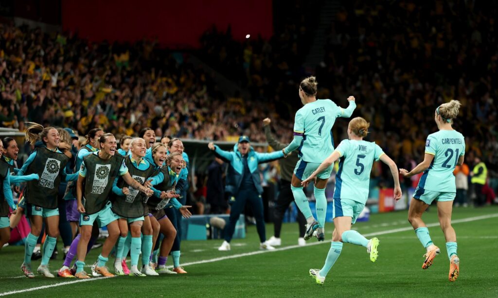 An image showing the Matildas celebrating their win against Canada in the 2023 fifa womens world cup