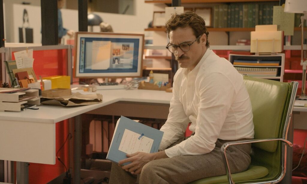 A screenshot of the film Her in which the main character has a relationship with an AI