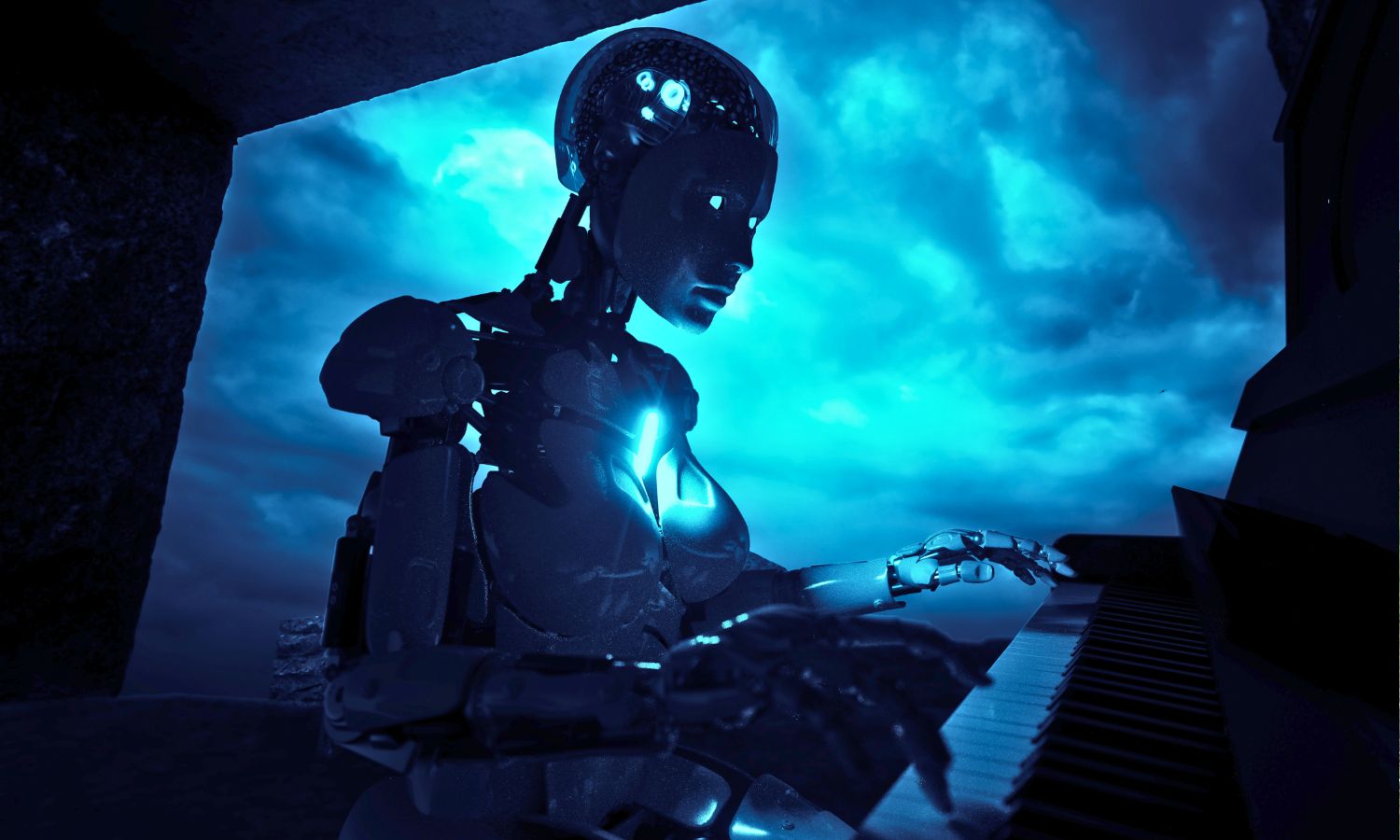 An image of an AI robot playing a piano to illustrate Stable Audio