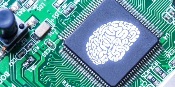 An image showing a human brain on a circuit board to illustrate bio-computing