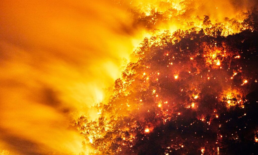An image showing bushfires in Australia, a natural disaster that will become more expensive as climate change increases in cost to deal with.