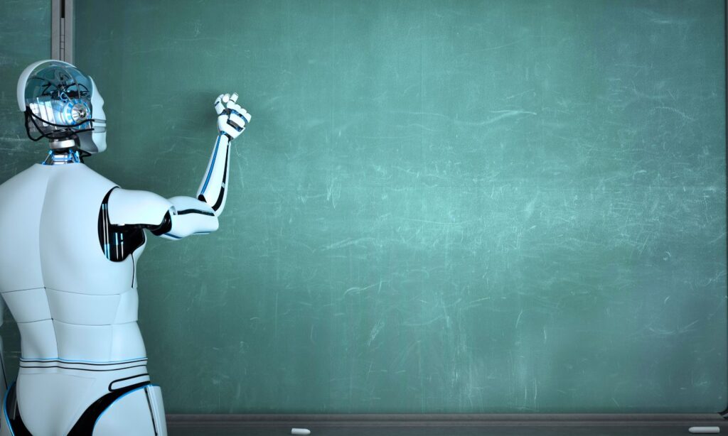 A robot writing on a school blackboard to illustrate AI in schools