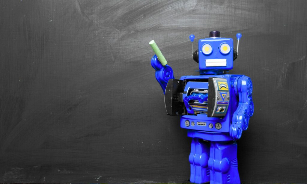 An image of a robot teaching to illustrate AI in education
