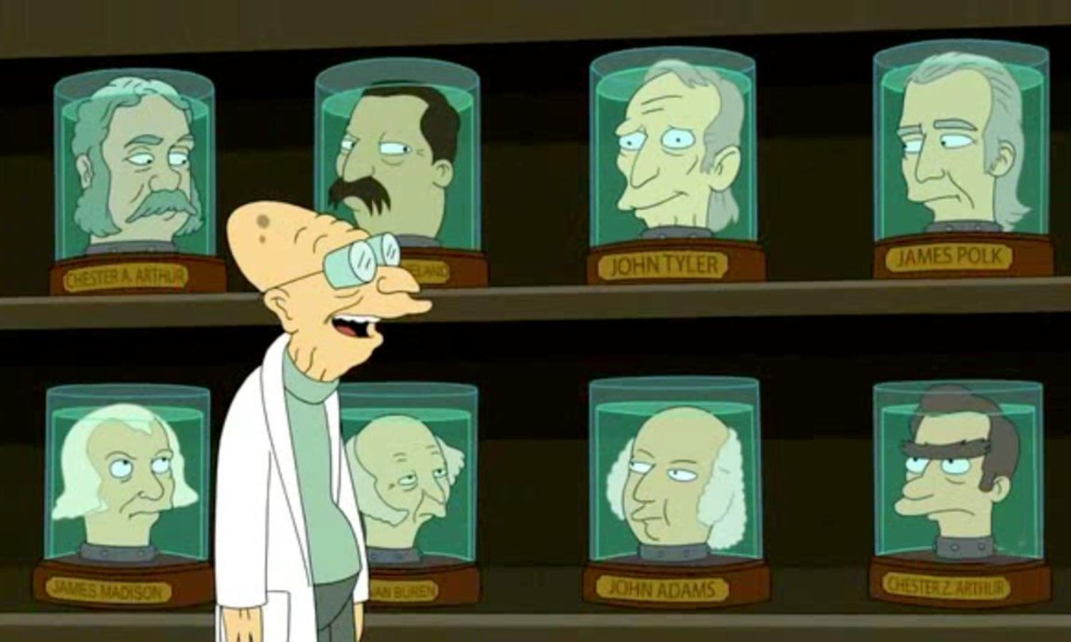 An image from the show Futurama whcih features heads in jars