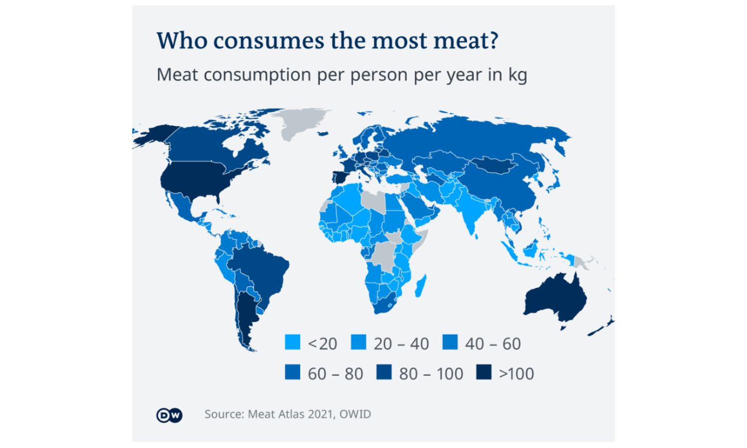 An image showing the amount of meat eaten across the world