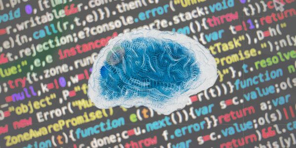 An image of a brain in front of computer code to illustrate thought to text technology