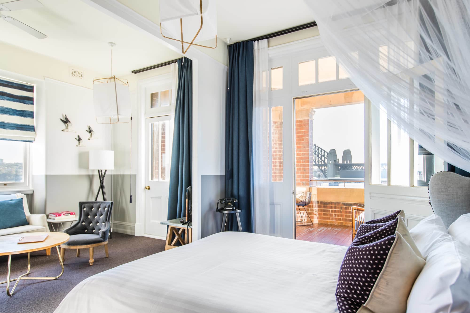 Hotel bedroom with harbour views