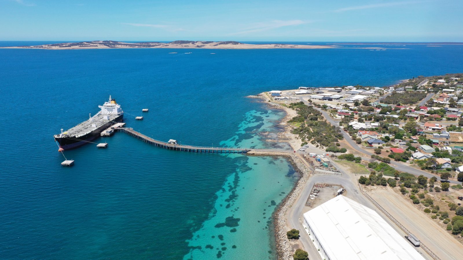 Kirton Point Jetty. Fuel tanker docked and unloading fuel and oil for the Eyre Peninsula. Boston Bay. Port Lincoln. South Australia.