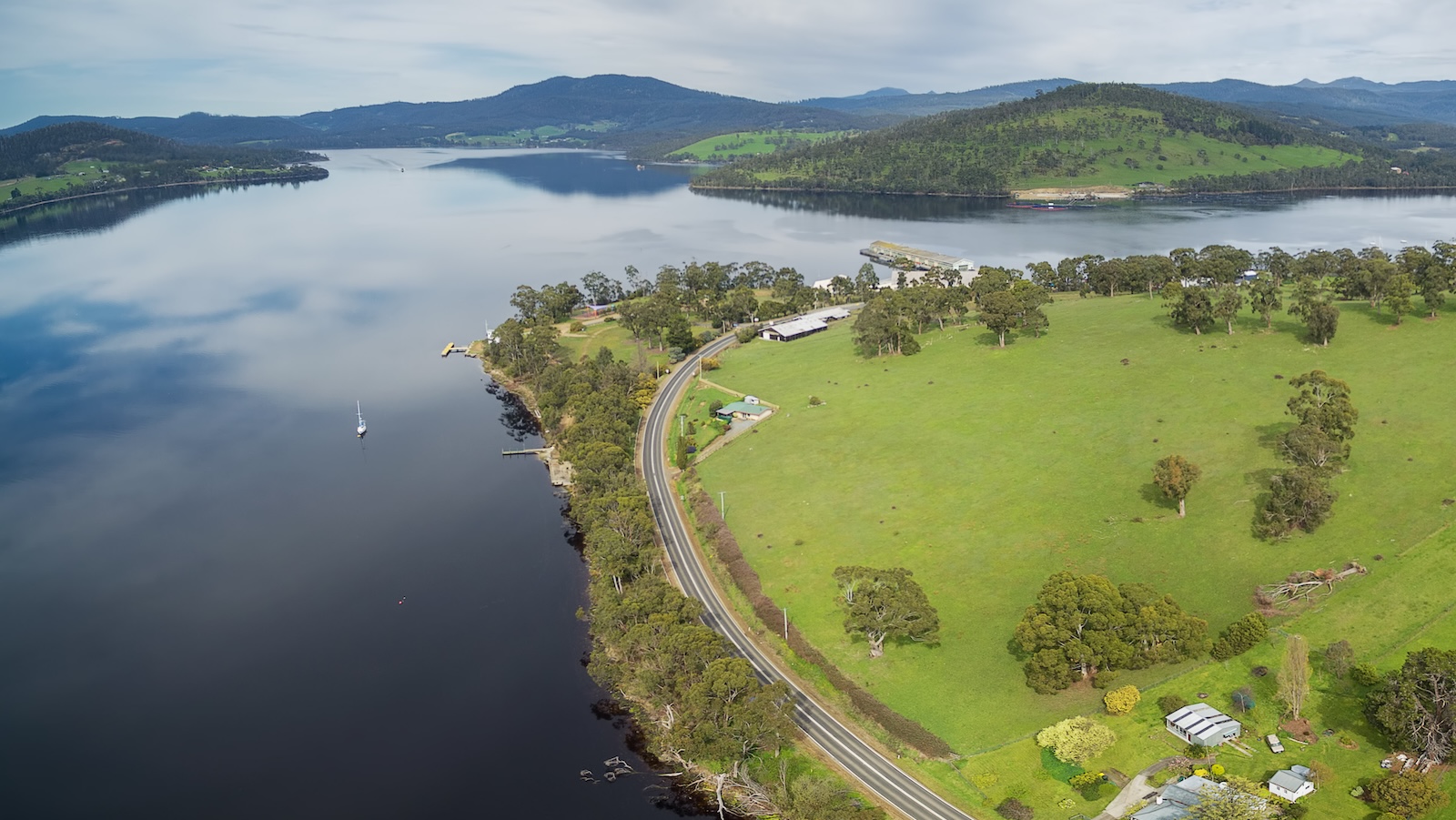 Aerial panorama of Huon River and Valley, Tasmania, Australia